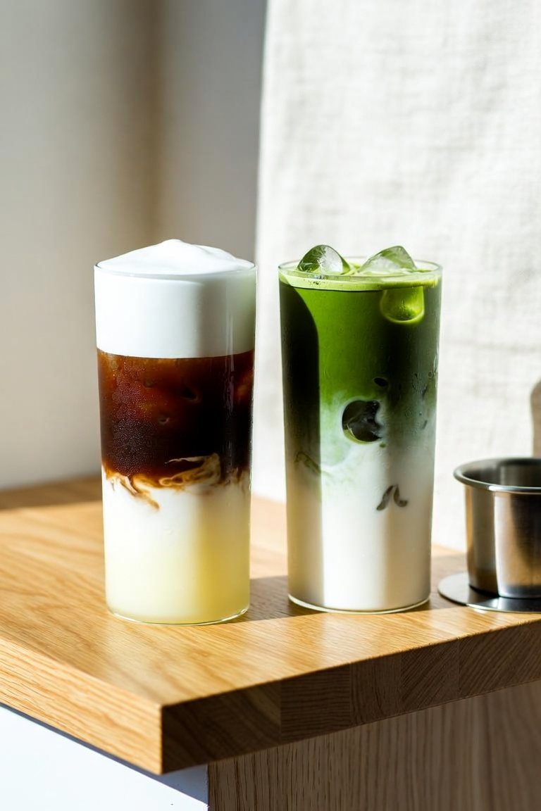 Layered Vietnamese iced coffee with cream foam beside an iced ceremonial matcha latte on an oak counter, with a phin filter