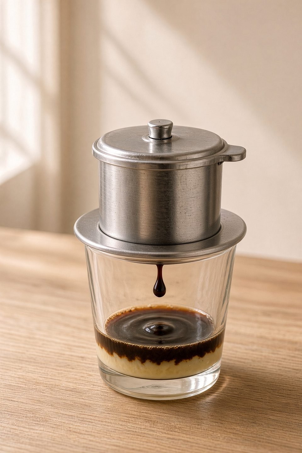 A stainless steel phin filter dripping robusta coffee onto a layer of condensed milk in a short glass