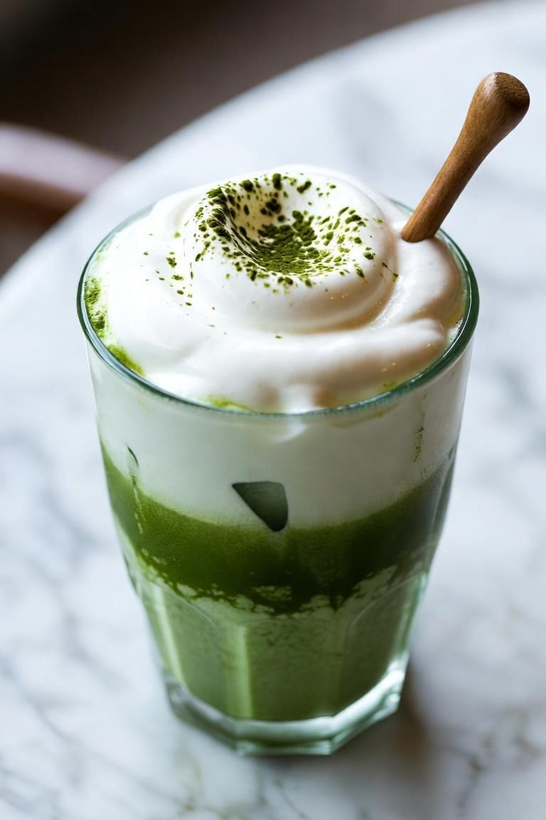 Iced matcha topped with a thick salted cream foam dusted with matcha powder